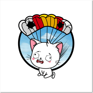 Silly white cat has a broken parachute Posters and Art